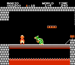 Fire Mario encounters the fake Bowser in World 1-4 of Super Mario Bros.