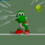 Yoshi charging a forehand shot in Mario Tennis.