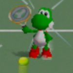 Yoshi charging an overhead shot in Mario Tennis.