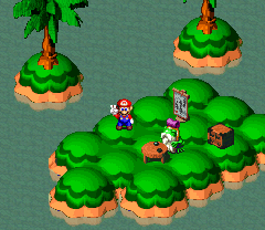 Frogfucius giving Mario Froggie Stick and 10 Frog Coins in exchange for Cricket Pie and Cricket Jam in Tadpole Pond of Super Mario RPG: Legend of the Seven Stars.