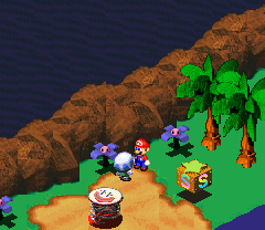 Toad giving Mario the NokNok Shell and later Frog Coins at the end of Midas River of Super Mario RPG: Legend of the Seven Stars.