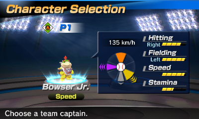 Bowser Jr.'s stats in the baseball portion of Mario Sports Superstars