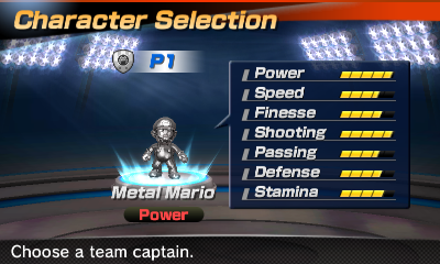 Metal Mario's stats in the soccer portion of Mario Sports Superstars