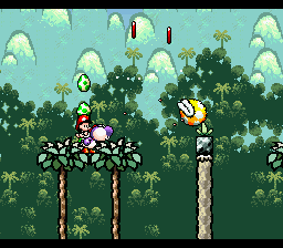 Purple Yoshi spitting Watermelon seeds at a Wild Ptooie Piranha and a couple of Red Coins in the level Jammin' Through The Trees