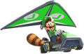 Luigi's kart, equipped with the Super Glider and a Tanooki tail