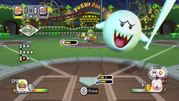 A Boo prepares to bat in Mario Super Sluggers.