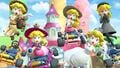 Peach (Explorer), Peach (Halloween), Peach (Vacation), Peach (Wedding), and Peach (Wintertime) tricking on 3DS Mario Circuit T