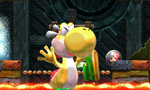 Yellow Yoshi breaking the fourth wall.