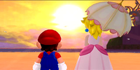 Mario and Peach gaze towards the sunset at Sirena Beach.