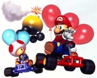 Artwork of a Mini Bomb Kart chasing Mario and Toad from Mario Kart 64