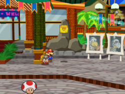 Screenshot of Mario at a hidden ? Block location in Glitzville, in Paper Mario: The Thousand-Year Door.