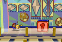 Image of Mario revealing a hidden ? Block in Shy Guy's Toy Box, in Paper Mario.