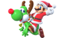 Mario riding Yoshi in holiday wear (circa 2019)