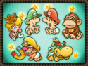 Baby Mario, Baby Luigi, Baby Peach, Baby DK, Baby Wario, and Baby Bowser in a screenshot from Yoshi's Island DS.