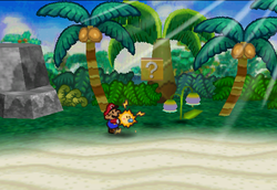 Image of Mario revealing a hidden ? Block in Lavalava Island, in Paper Mario.