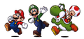 Toad riding Yoshi with Luigi and Mario (circa 2011)