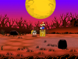 Screenshot of Mario at a hidden ? Block location in Twilight Trail, in Paper Mario: The Thousand-Year Door.