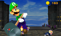 Luigi about to hammer some Shy Guys in the Bros. Attack Mega Thwonk in Mario & Luigi: Paper Jam