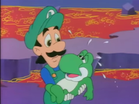 Luigi holding Yoshi in the Super Mario World episode Mama Luigi.