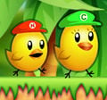 The two chickens wearing the caps of Mario and Luigi