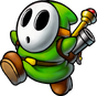 Sergeant Guy, a green Shy Guy with a bag on his back containing a gray pipe and a Magikoopa's wand.