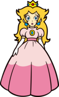 Peach's original appearance (left); Peach's current appearance (right).