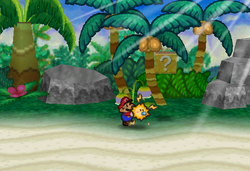 Image of Mario revealing a hidden ? Block in Lavalava Island, in Paper Mario.