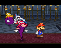 Mario and Vivian glowering at Shadow Queen, with the Shadow Sirens (Doopliss included) watching, in the Palace of Shadow.