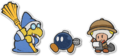 Artwork of Kamek, Bob-omb, and Professor Toad