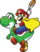 Caped Mario holding a Cape Feather while he is mounted on Yoshi, from Super Mario World: Super Mario Advance 2.