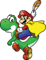 Artwork of Caped Mario mounted on Yoshi