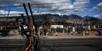 Image: Downed power lines block a road as people feed chickens outside a burnt home in the aftermath of a wildfire in Lahaina, western Maui, Hawaii on Aug. 11, 2023.