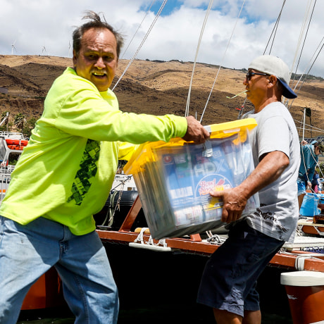 Maalaea, Maui, Monday, August 14, 2023 - Supplies for Lahaina fire victims are gathered and delivered by Hawaiians sailing on a large catamaran who often sail around the world together to Lahaina neighborhoods.