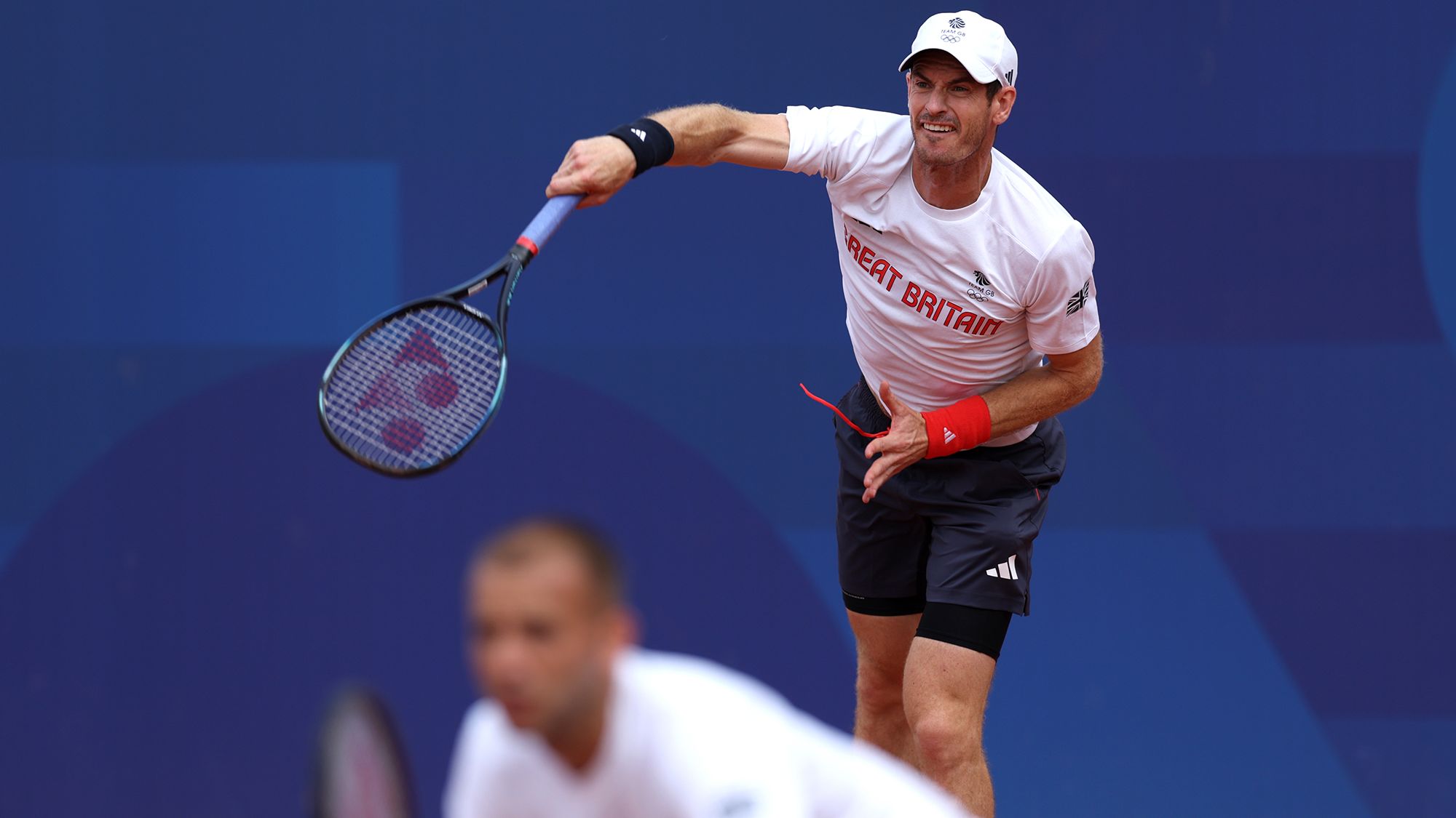 PARIS, FRANCE - JULY 24: Andy Murray of Team Great Britain serves during the Tennis training session ahead of the Paris 2024 Olympic Games at Roland Garros on July 24, 2024 in Paris, France. (Photo by Clive Brunskill/Getty Images)