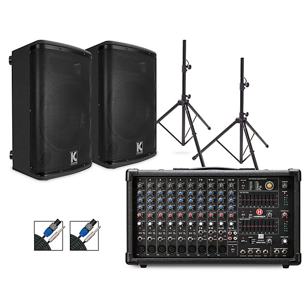 Harbinger LP9800 Powered Mixer Package With Kustom KPX10 Passive Speakers, Stands and Cables