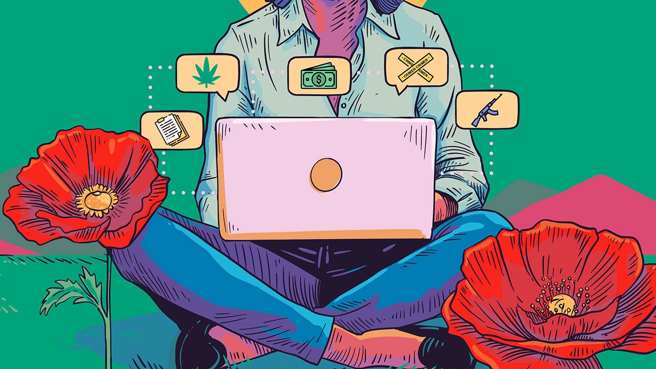 Illustration of a person sitting cross legged with a laptop