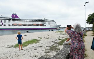 Sur la plage de Kernével à Larmor-Plage, une vingtaine de badauds sont venus assister au départ du paquebot Ambition. (Le Télégramme/Hélène Bielak)