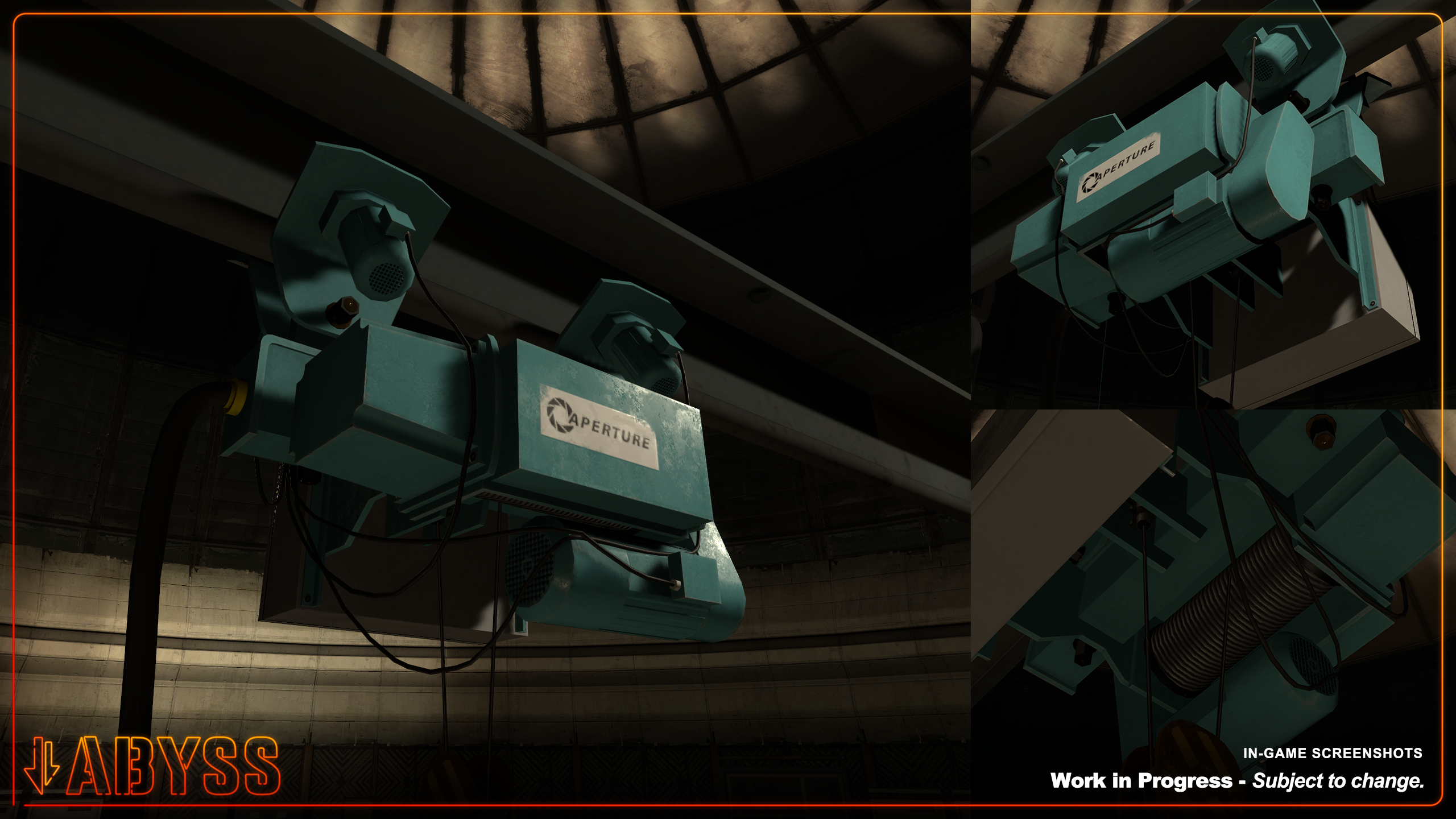 Multiple shots of an Aperture-brand overhead monorail crane.