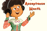 Illustration of young person wearing headphones and a tunic with an infinity symbol on the collar. One hand points to the words “Autism Acceptance Month” and a purple bar at the bottom says “Podcast Playlist.”