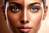 AI-generated split face showing darker and lighter skin tones