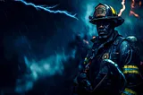 A firefighter stands in heavy rain and lightning. He wears full gear including a helmet and reflective strips. Blue lightning streaks across a dark sky behind him, with orange flames visible in the distance.