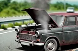 IMAGE: A hyper-realistic illustration of an old car on the side of the road with its hood open, experiencing car trouble with smoke coming out of the hood