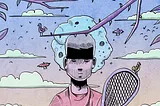 A man stands with his tennis racket. There’s an asteroid directly behind his head, crowning him. Birds are going wild.