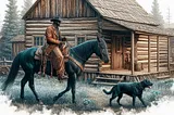 A weather old log cabin sits behind a Texas Ranger on horseback while his loyal companion, a mongrel dog, walks ahead.