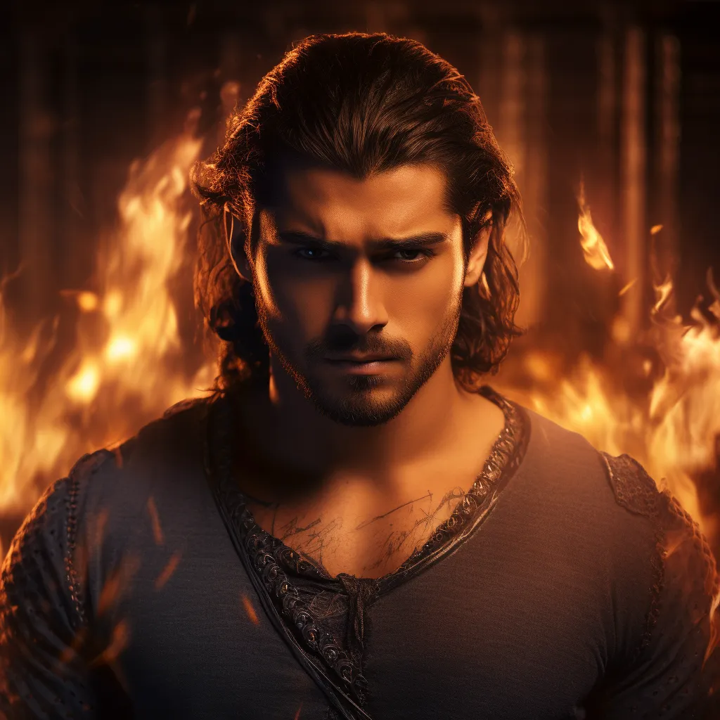 A grim man with shoulder length hair. Fire in the background.