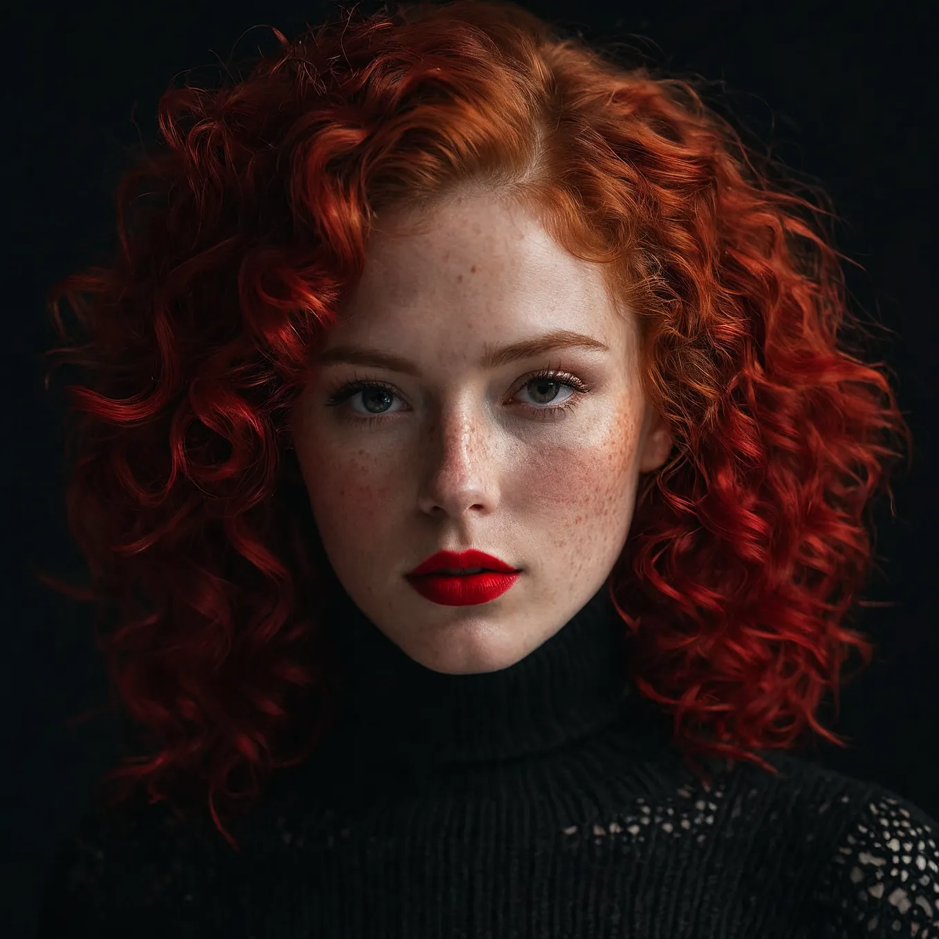 Portrait of a girl with red curly hair and red lipstick