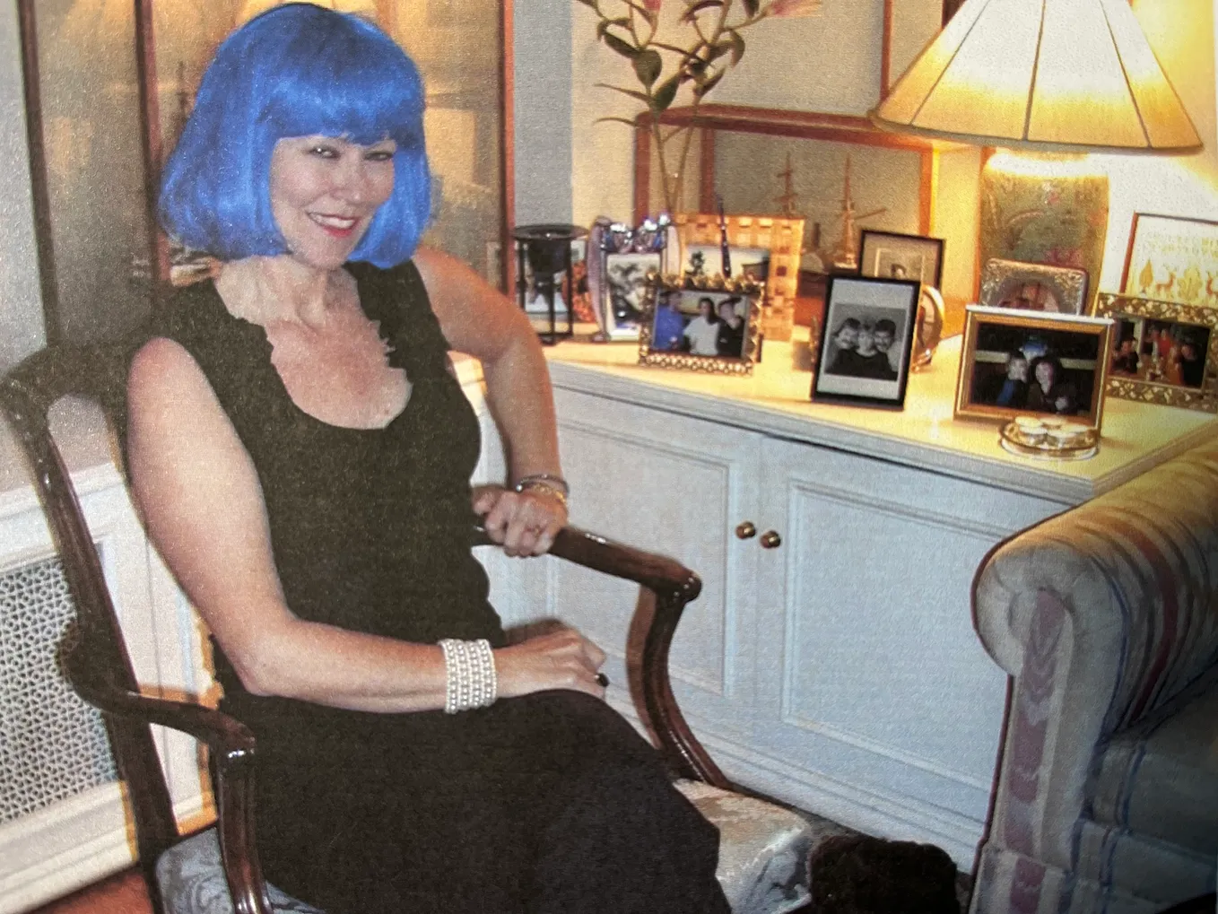 Me in my blue wig in my apartment