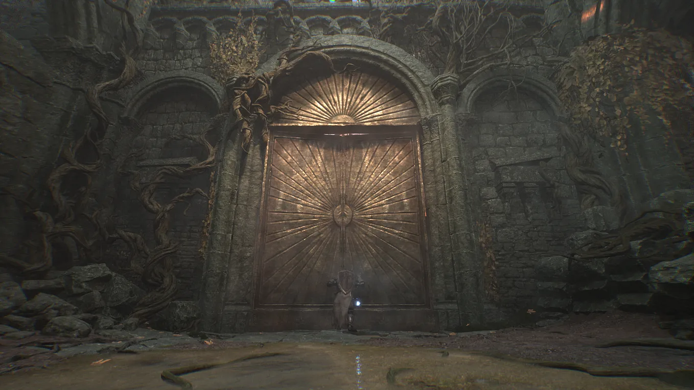 The customizable player character of Lords of the Fallen opens a giant metal door framed by a stone-covered rock wall and a muddy puddle.