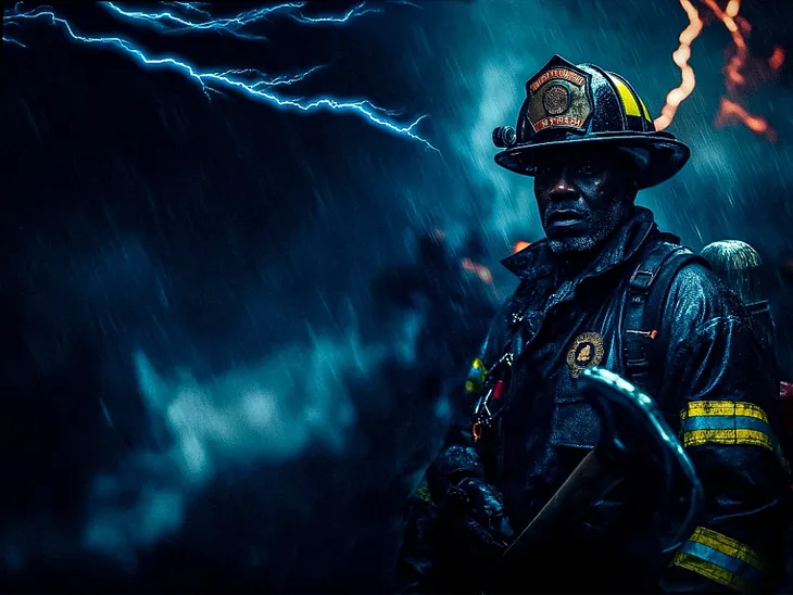 A firefighter stands in heavy rain and lightning. He wears full gear including a helmet and reflective strips. Blue lightning streaks across a dark sky behind him, with orange flames visible in the distance.