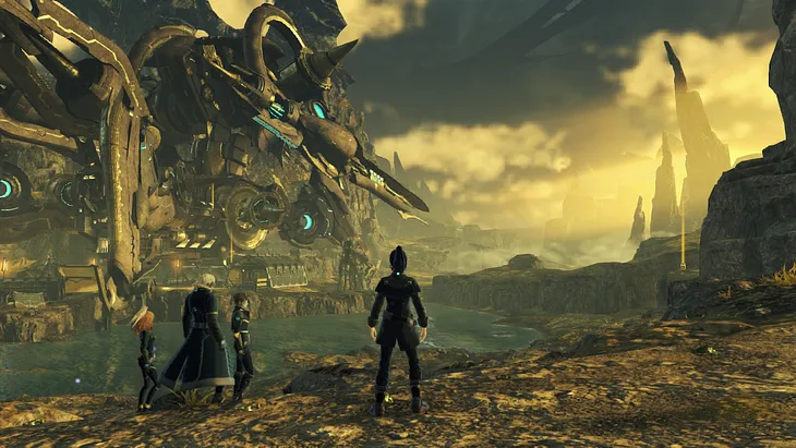 The main adventuring party in Xenoblade Chronicles 3 stands on a large cliff overlooking a river. A giant robot and clouds loom in the distance.